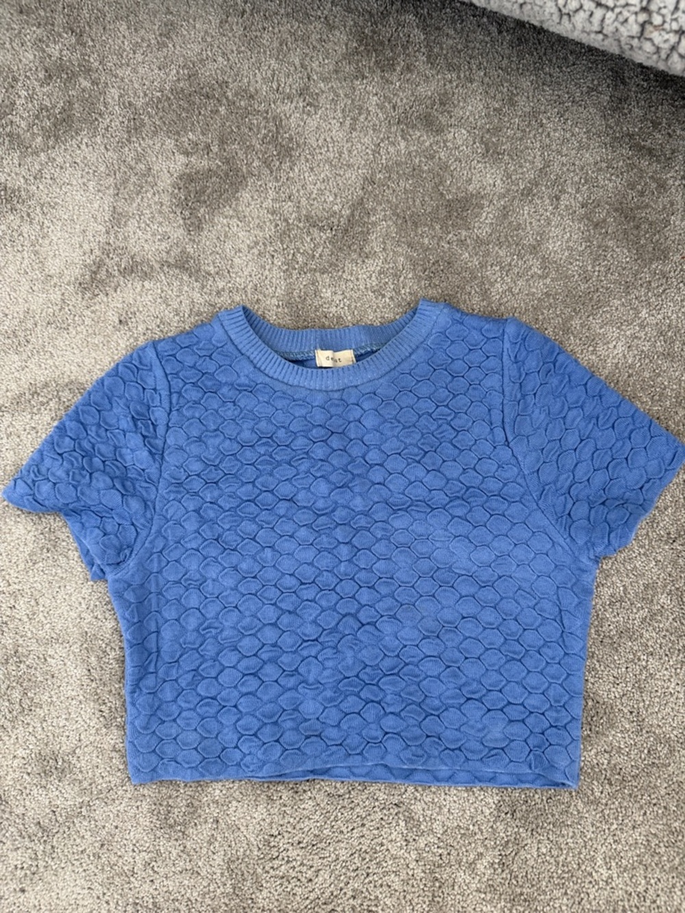 debut Blue Textured Short Sleeve Crop Top - Honeycomb Knit